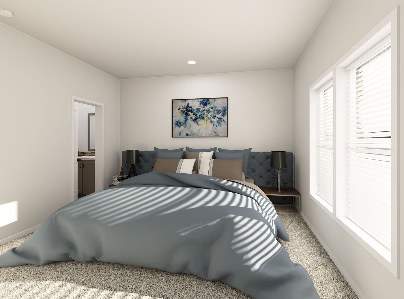 The PREFERRED PLUS CP641F Primary Bedroom. This Manufactured Mobile Home features 3 bedrooms and 2 baths.